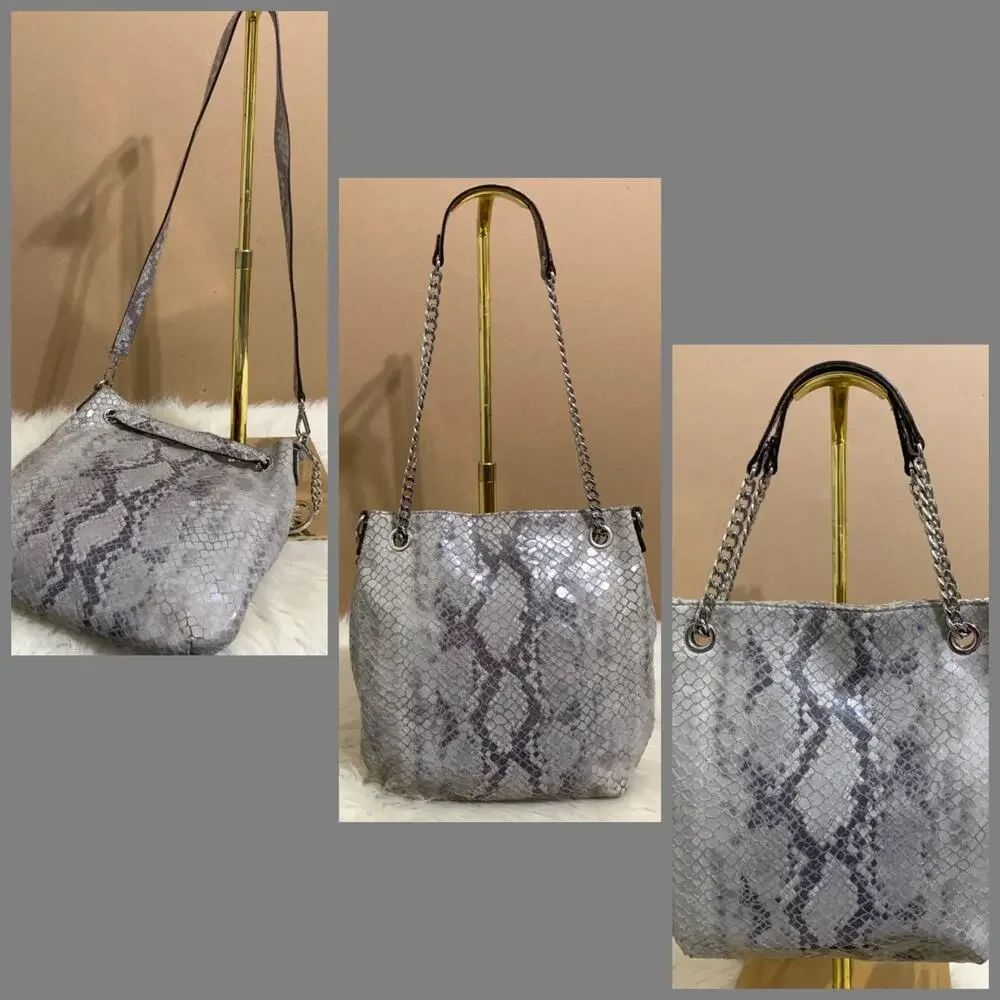 MICHAEL KORS JET SET Gray Python Leather North South Convertible Chain Hobo